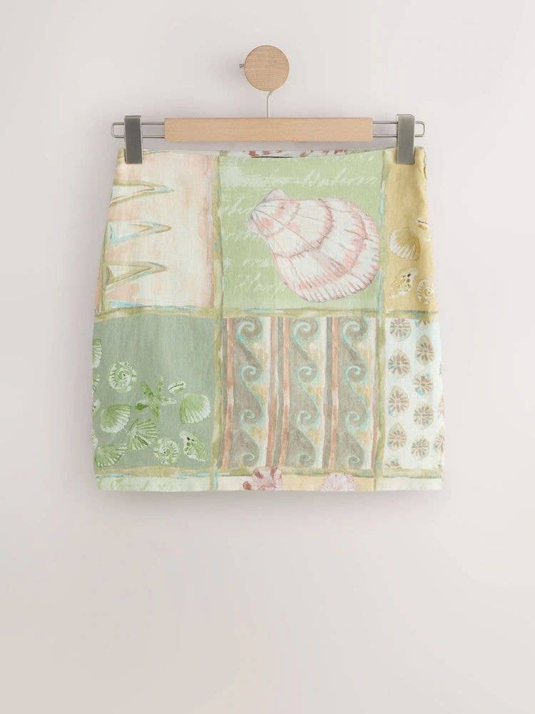 Pink/Green Shell Patchwork Print with Linen National Trust X Mini Skirt with Linen