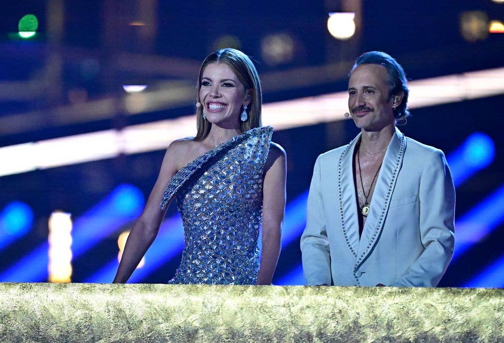 Victoria Swarovski and Michael Ostrowski address the audience during the voting 