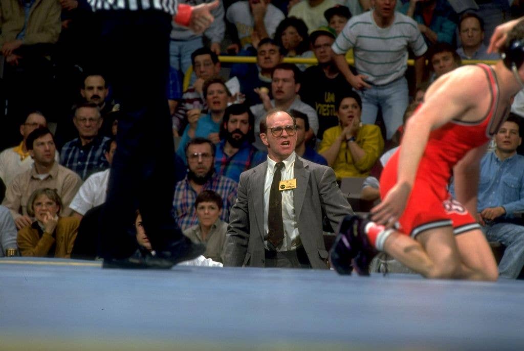 Iowa coach Dan Gable on sidelines at Carver-Hawkeye Arena in 1991