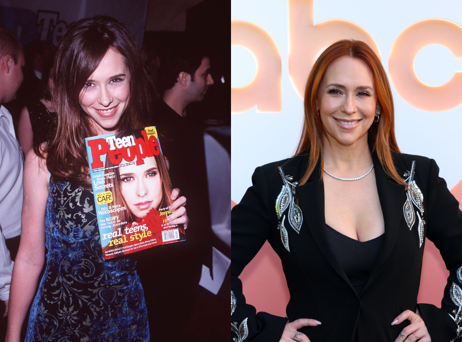 Split image of Jennifer Love Hewitt. On the left, holding up a copy of her cover for Teen People. On the right, seen in 2026.