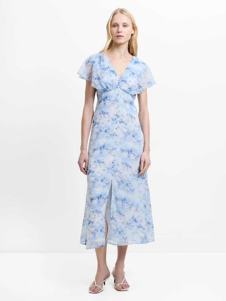 Daisy Flutter Sleeve Blue Floral Midi Dress

