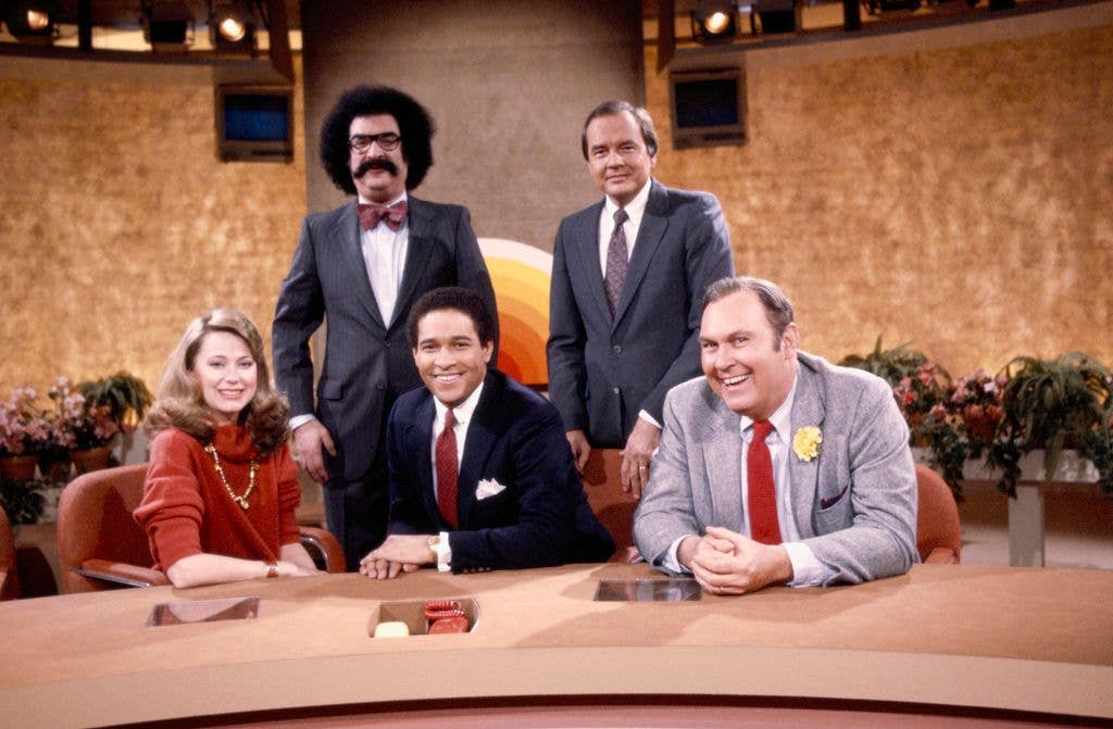 (l-r) Co-anchor Jane Pauley, movie critic Gene Shalit, co-anchor Bryant Gumbel, co-anchor John Palmer, weatherman Willard Scott
