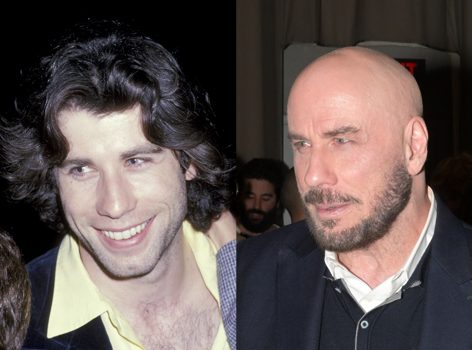 Split image of John Travolta as a young man with broad yellow lapels and current day.