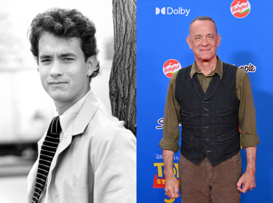 Split image of Tom Hanks in 1984 and in 2026.