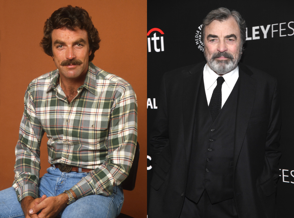 Split image of Tom Selleck, shown in 1980 and 2024.