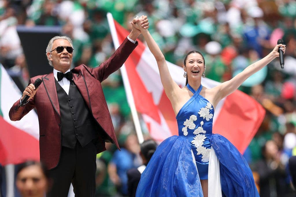 Andrea Bocelli and EJAE perform during the FIFA World Cup 2026 Group A match between Mexico and South Africa at Mexico City Stadium on June 11, 2026 in Mexico City, Mexico