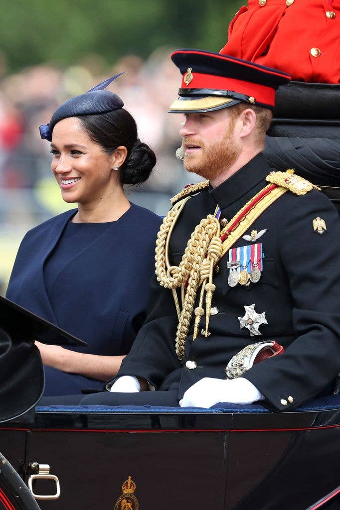 Meghan, Duchess of Sussex and Prince Harry, Duke of Sussex arrive at Trooping The Colour, the Queen's annual birthday parade, on June 08, 2019 in London, England. (Photo by Chris Jackson/Getty Images)