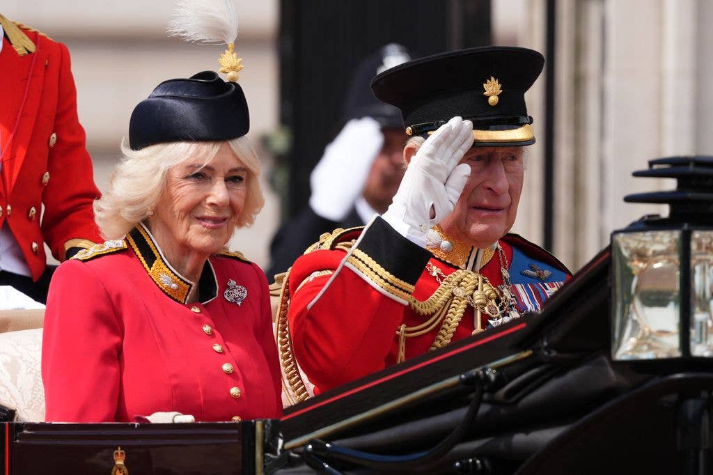 King Charles III and Queen Camilla in the Ascot Landau carriage travelling to the Trooping the Colour ceremony