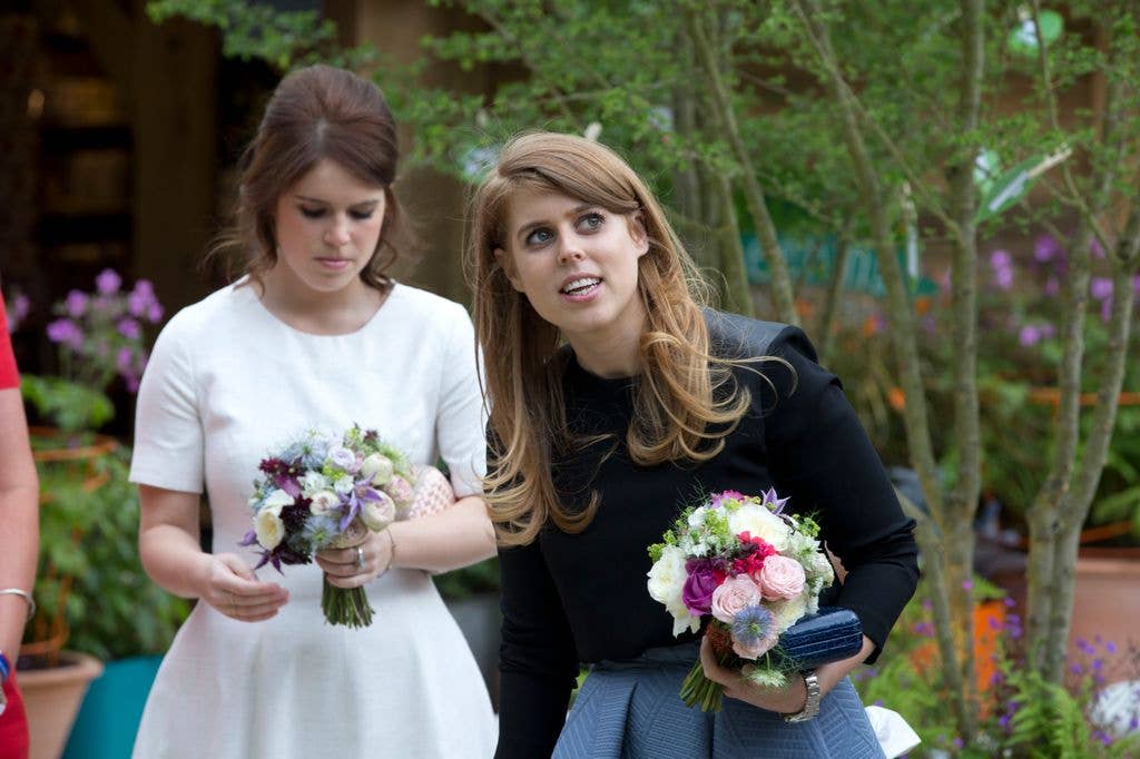 Princess Eugenie and Princess Beatrice in the RHS Greening Grey Britain Garden by Anne-Marie Powell attend the Chelsea Flower Show press day