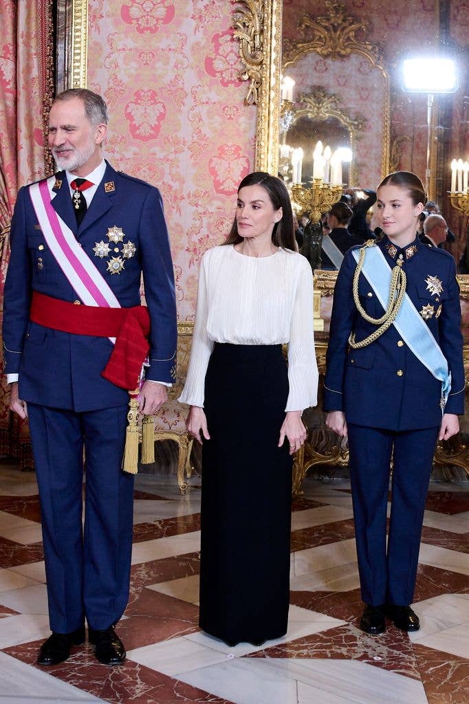 King Felipe VI of Spain, Queen Letizia of Spain and Crown Princess Leonor of Spain at the Pascua Militar ceremony at the Royal Palace on January 06, 2026 in Madrid