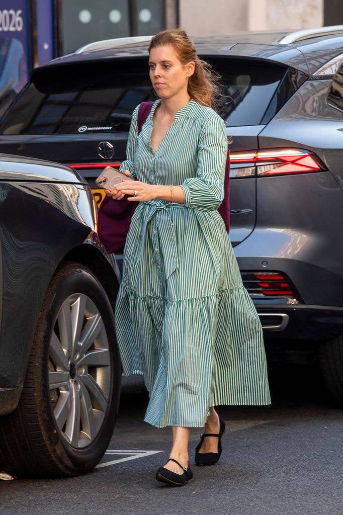 Princess Beatrice is seen for the first time since being absent from Royal Ascot. The Royal was running errands in Mayfair on the hottest day of the year. Beatrice was seen wearing a Cefinn Alice Belted Midi Dress and large Burgundy tote bag. 