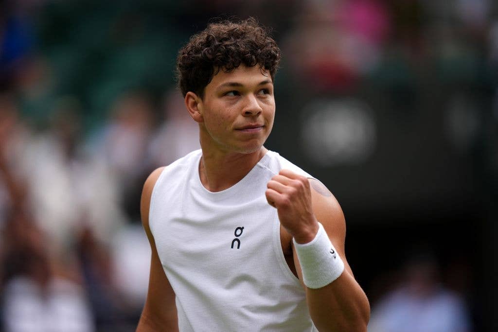 Ben Shelton celebrates during the match against Lorenzo Sonego on day eight of the 2025 Wimbledon Championships at the All England Lawn Tennis and Croquet Club, London. Picture date: Monday July 7, 2025