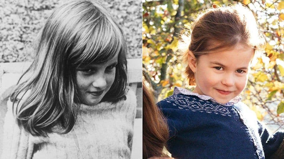 Princess Diana in a jumper pulling a face next to Princess Charlotte 