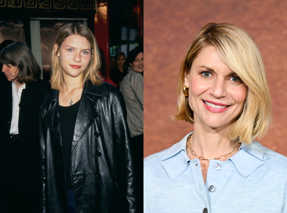 Split image of Claire Danes. On the left, in 1996 at the premiere of 'The Craft' movie. On the right, at an event for 'The Beast in Me' in 2026.