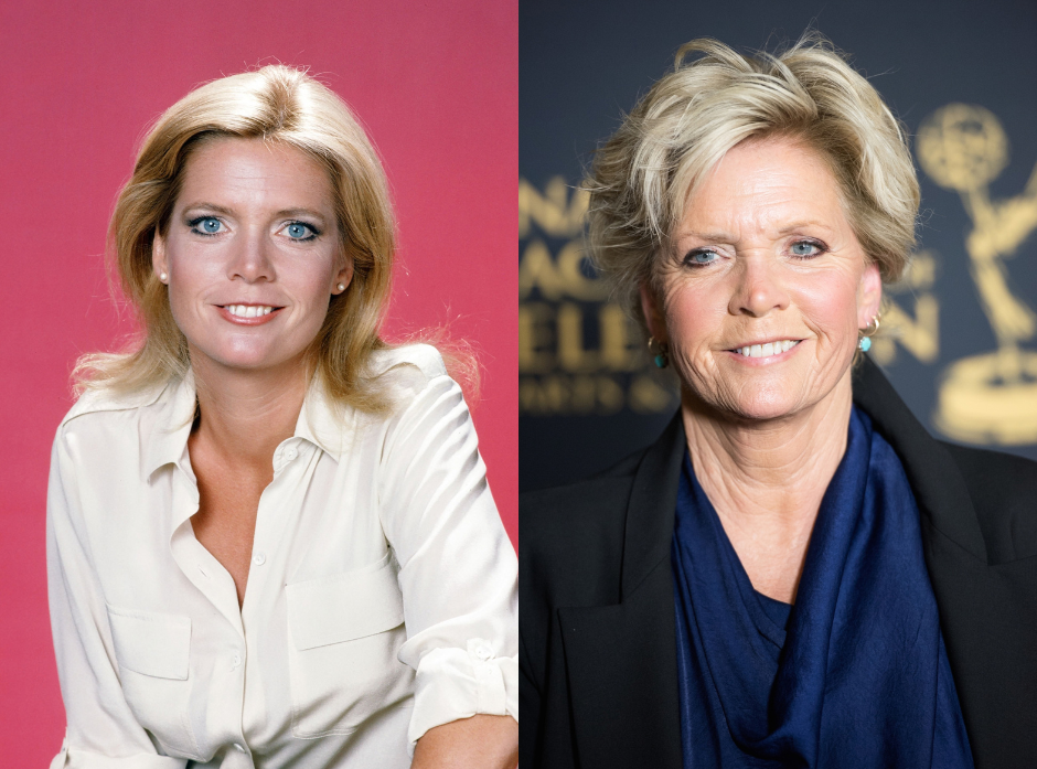 Split image of Meredith Baxter. On the left, shown in the '80s posing against a pink background. On the right, in 2015.