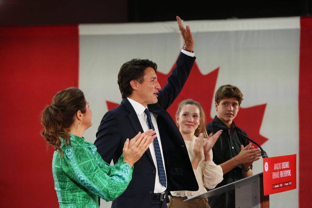 Justin Trudeau delivers his victory speech with his ex-wife Sophie Gregoire Trudeau, daughter Ella-Grace and son Xavier 