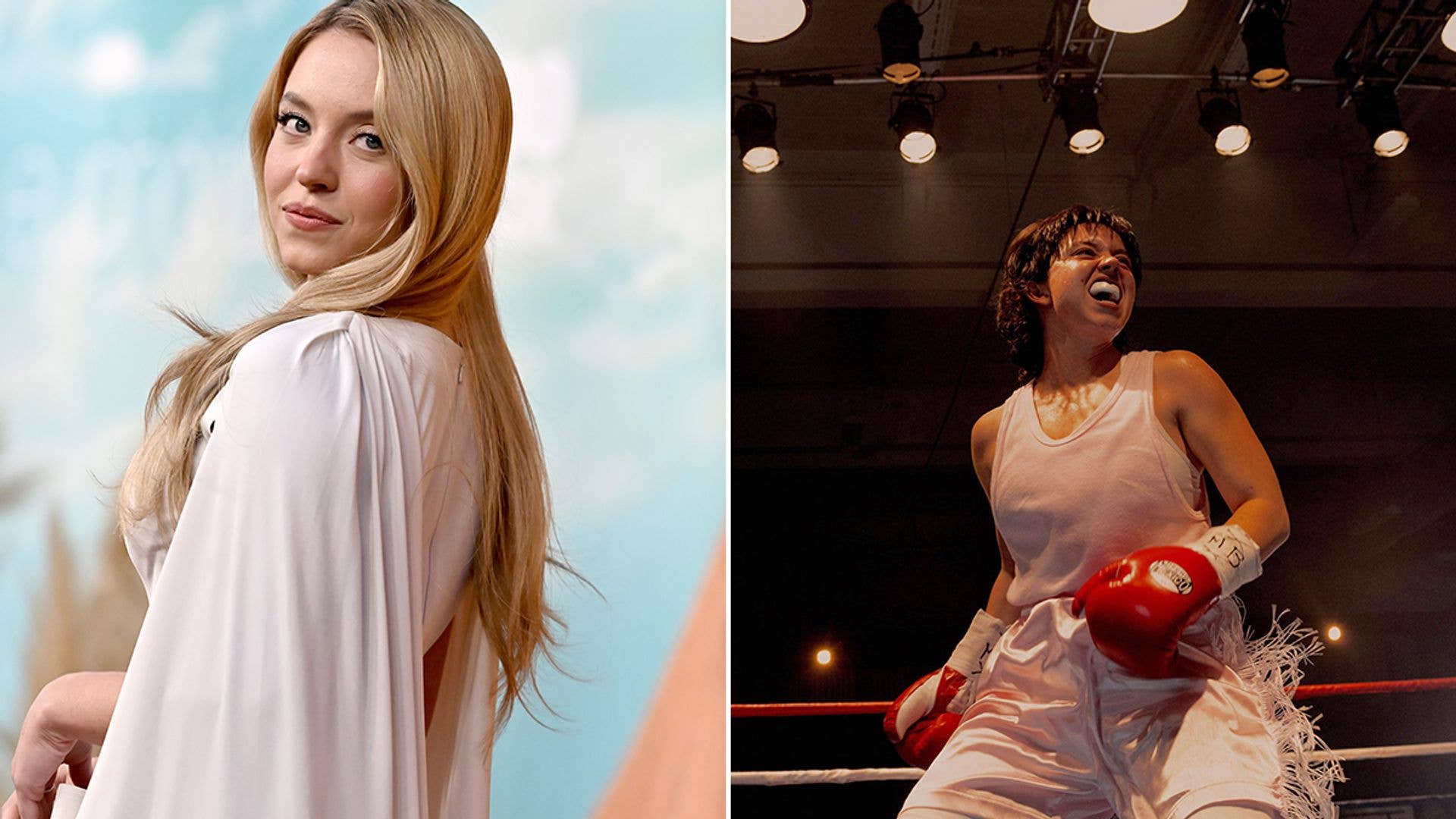 Split image of Sydney Sweeney at a premiere and in Christy