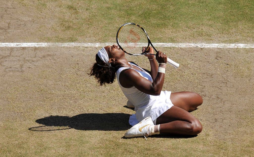 Serena celebrates after beating her sister Venus 7-6, 6-2, during their Women's Singles Final of the 2009 Wimbledon Tennis Championships 