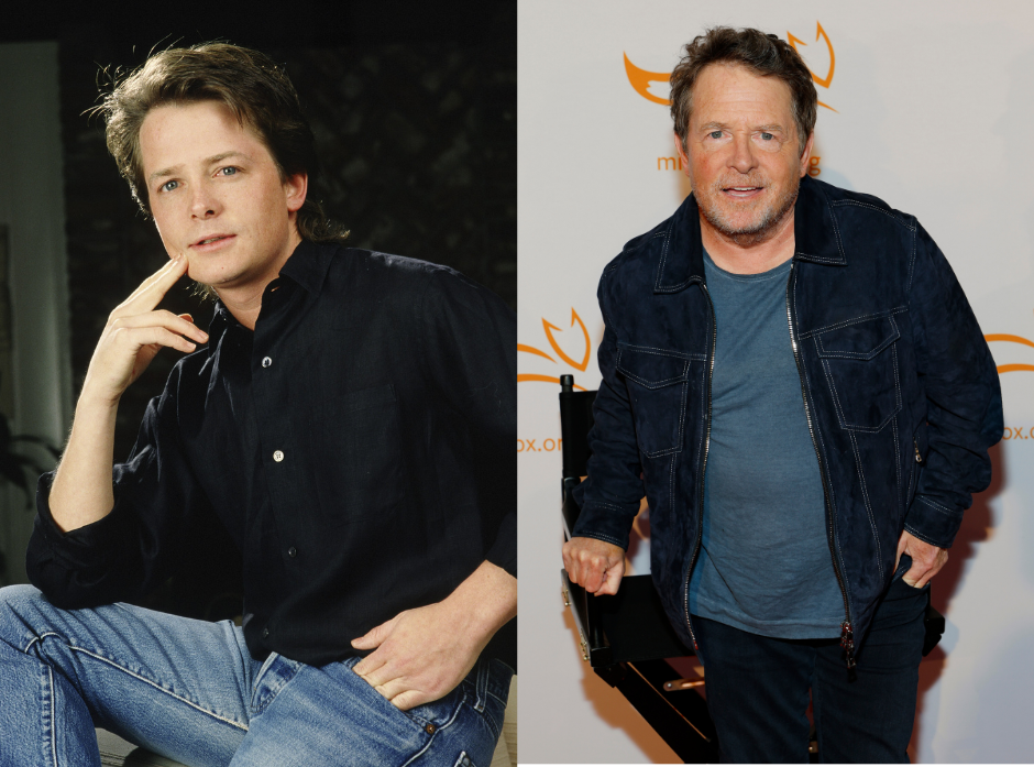 Split image of Michael J Fox. On the left, in 1988. On the right, in 2026.