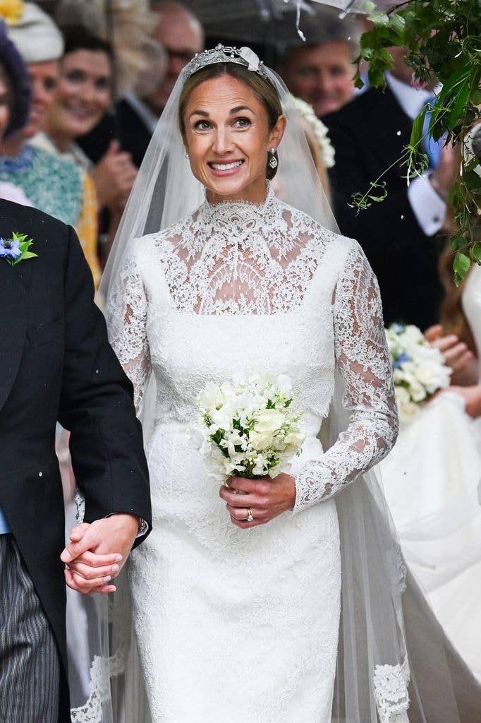 Harriet wore diamond earrings and a tiara, both by Pragnell