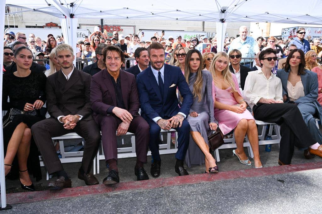 Kim Turnbull, Romeo Beckham, Tom Cruise, David Beckham, Victoria Beckham, Harper Beckham, Cruz Beckham and Jackie Apostel at the ceremony to honor David Beckham with a star on the Hollywood Walk Of Fame on June 12, 2026 in Los Angeles, California. (Photo by Gilbert Flores/Variety via Getty Images)


