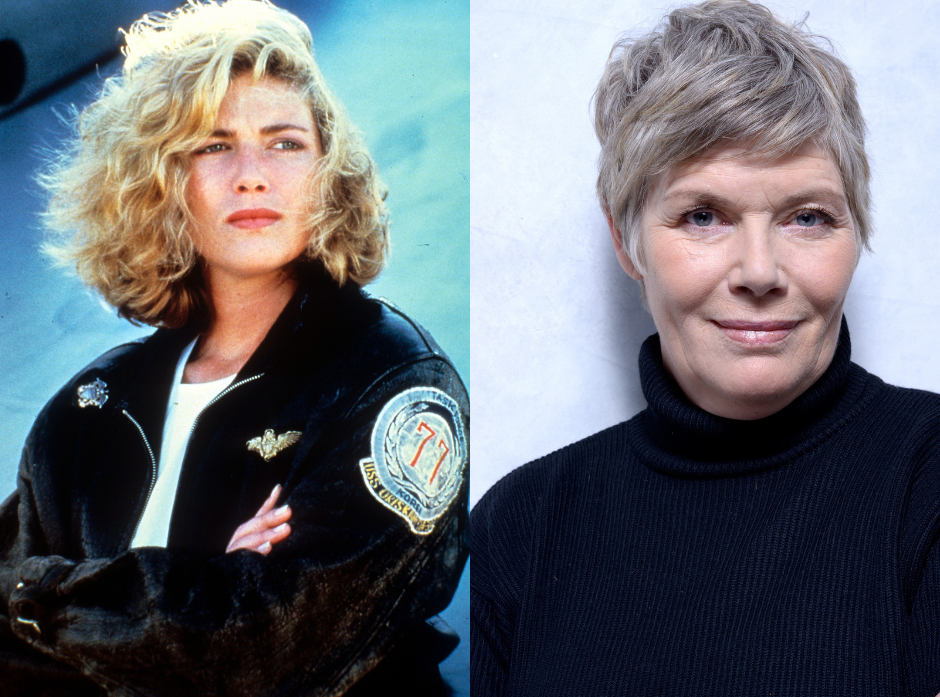 Split image of Kelly McGillis. On the left in a still from Top Gun in 1986, on the right in 2013 at Sundance Film Festival.