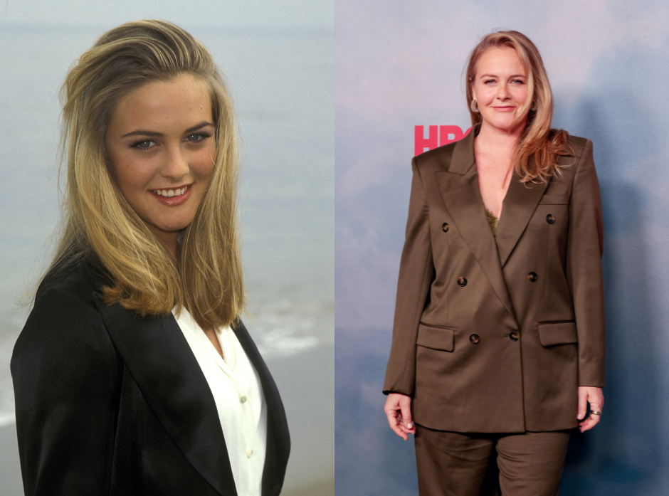 Split image of Alicia Silverstone. On the left, in a promotional shoot for Clueless. On the right, at the premiere of HBO's 'DTF St. Louis' in 2026.