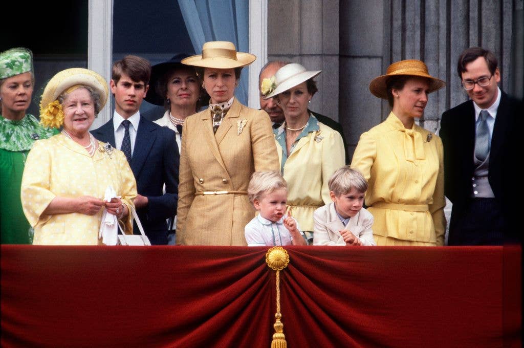 Queen Elizabeth's eldest grandson, Peter Phillips (left), made his first appearance at Trooping the Colour in 1980, surrounded by the Queen Mother, Prince Edward, Princess Anne, Princess Alexandra, the Duchess of Gloucester and the Duke of Gloucester.