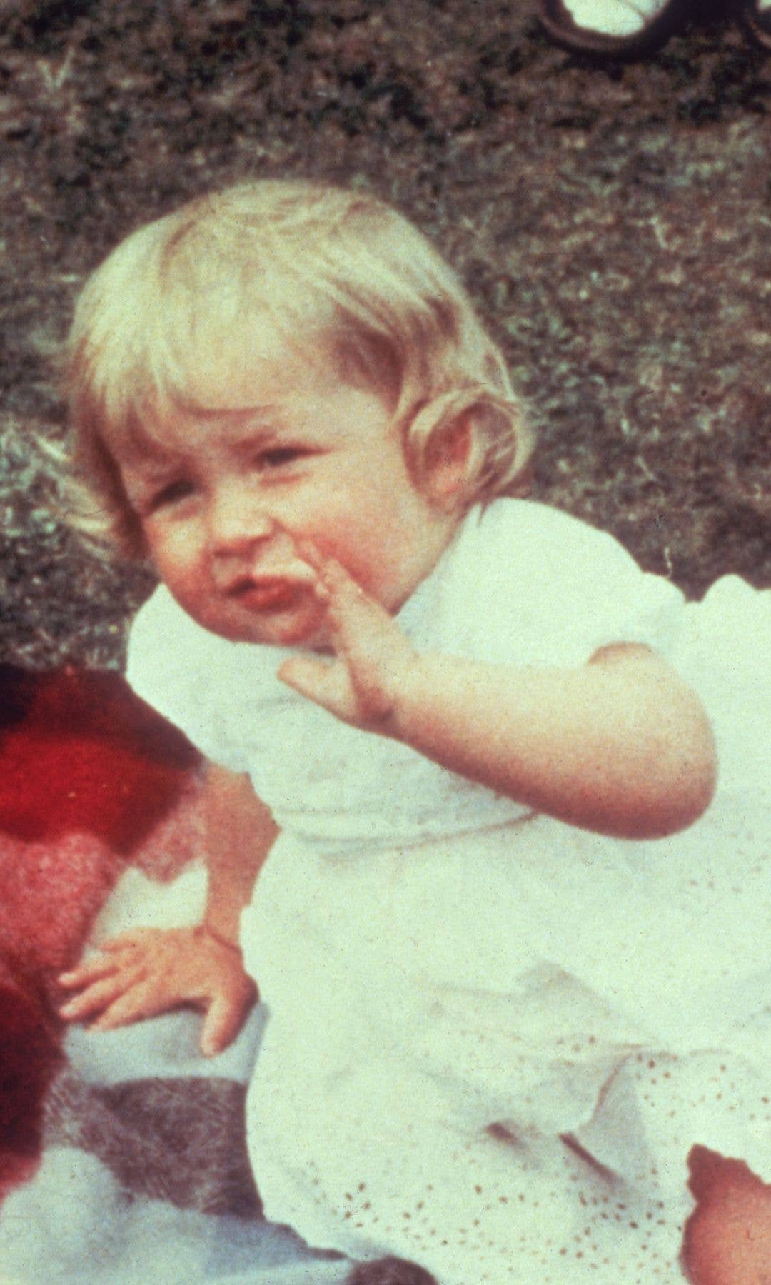 Princess Diana in a white dress on a picnic blanket