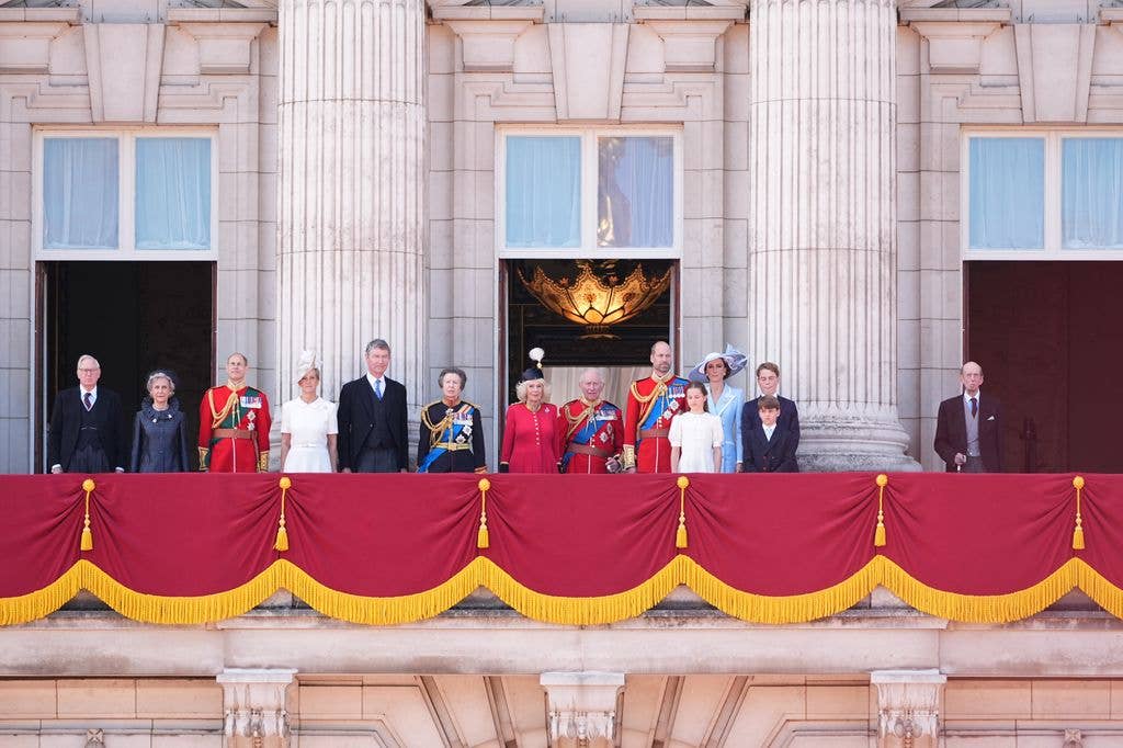 Members of the Royal Family (left to right) the Duke of Gloucester, the Duchess of Gloucester, the Duke of Edinburgh, the Duchess of Edinburgh, Vice Admiral Sir Tim Laurence, the Princess Royal, Queen Camilla, King Charles III, the Prince of Wales, the Princess of Wales, Princess Charlotte, Prince George, Prince Louis and the Duke of Kent on the balcony of Buckingham Palace,