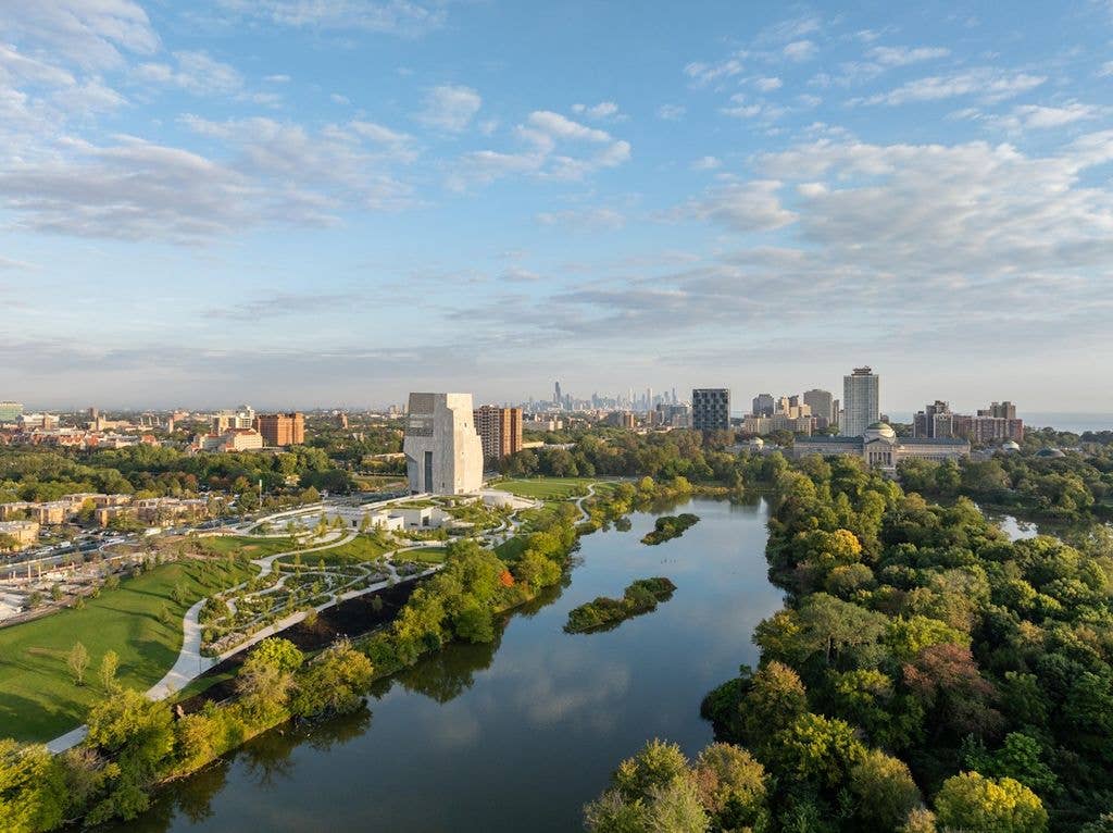 aerial photo of Obama Presidential Center in Chicago