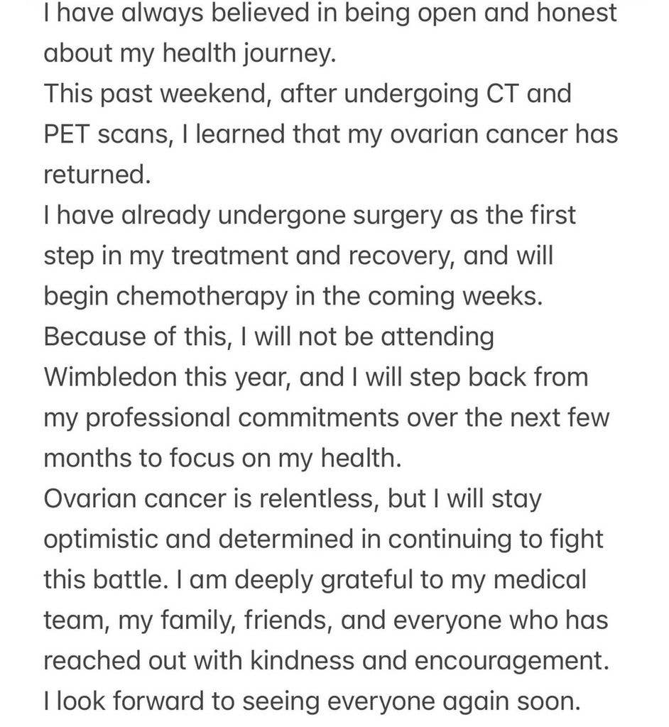 Chris Evert shares a statement on social media concerning the return of her ovarian cancer for a 3rd time