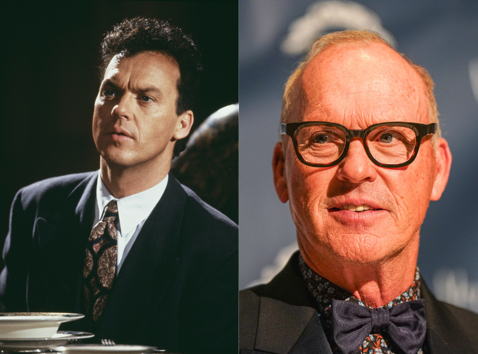 Split image of Michael Keaton. On the left, on the set of Batman in 1989. On the right, in 2026.