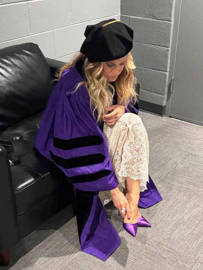 Sarah Jessica Parker prepares for the Northwestern University 2026 commencement ceremony on June 14, 2026, shared on Instagram