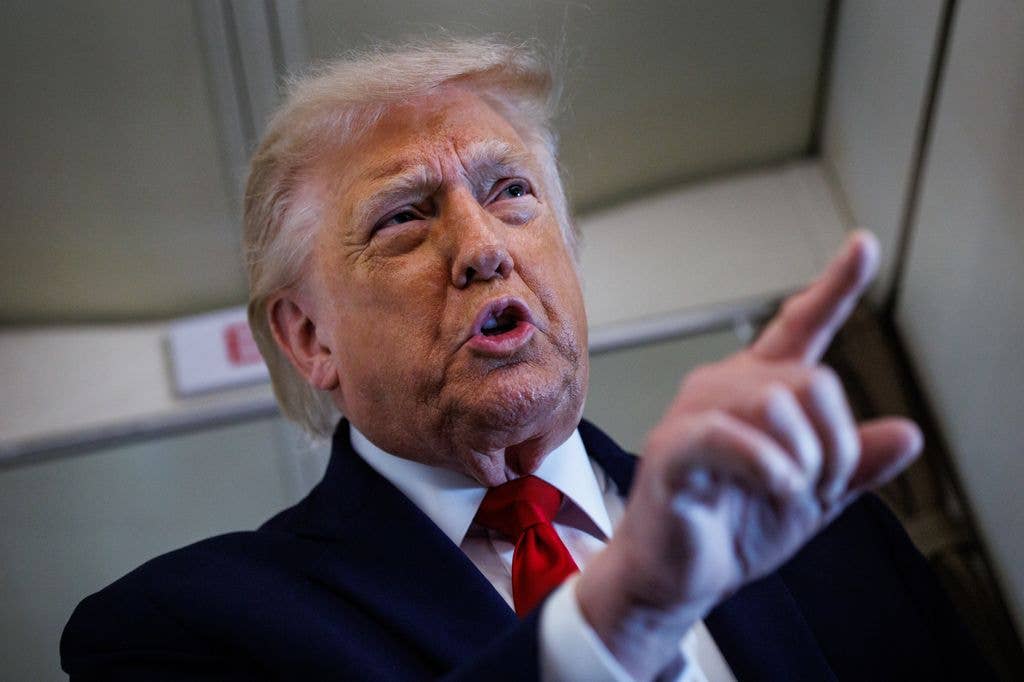 Donald Trump speaks with reporters while aboard Air Force One en route to Chippewa Falls, Wisconsin on June 5, 2026. President Trump is traveling to an event at Custer Farms in Chippewa Falls, Wisconsin