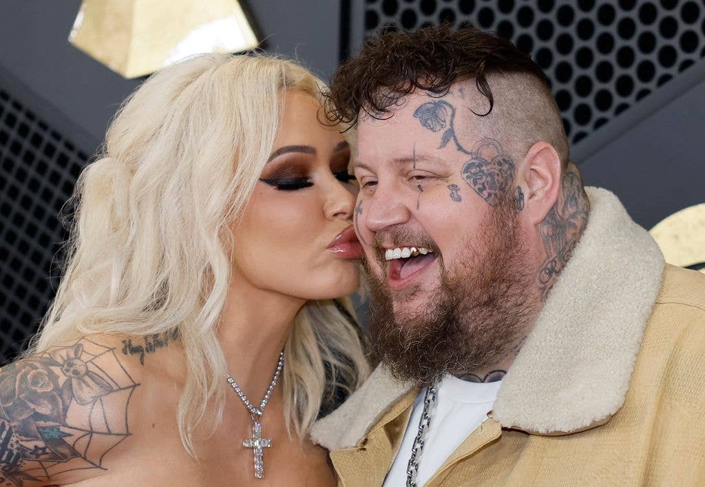 Jelly Roll and Bunnie XO arrive on the Red Carpet at the Crypto.com Arena in Los Angeles, CA, Sunday, Feb. 4, 2024.
