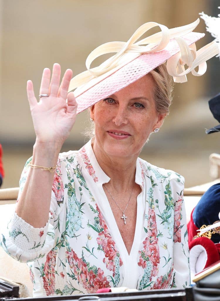 Sophie, Duchess of Edinburgh smiles and waves as she departs the 2026 Order Of The Garter Service at Windsor Castle