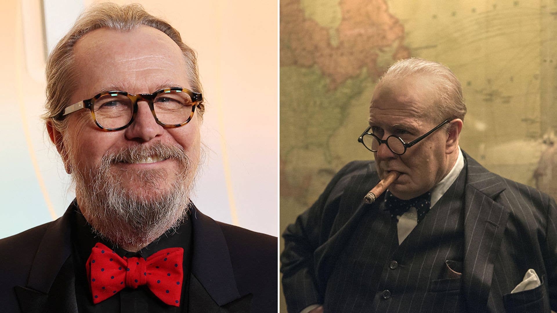 Split image of Gary Oldman at a premiere and in Darkest Hour