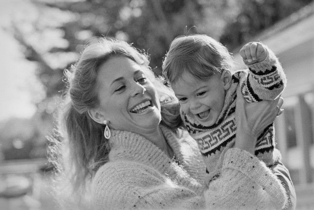 Black-and-white photo of Linsday Wagner with her son
