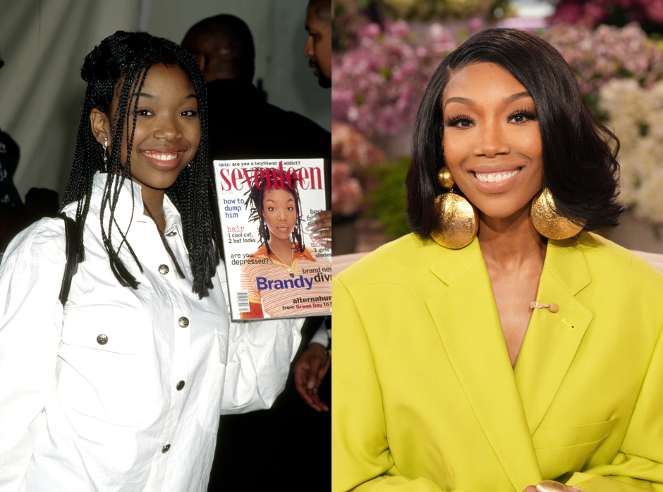 Split image of Brandy, seen in 1995 holding up her Seventeen magazine cover and in 2026 on The Jennifer Hudson Show.