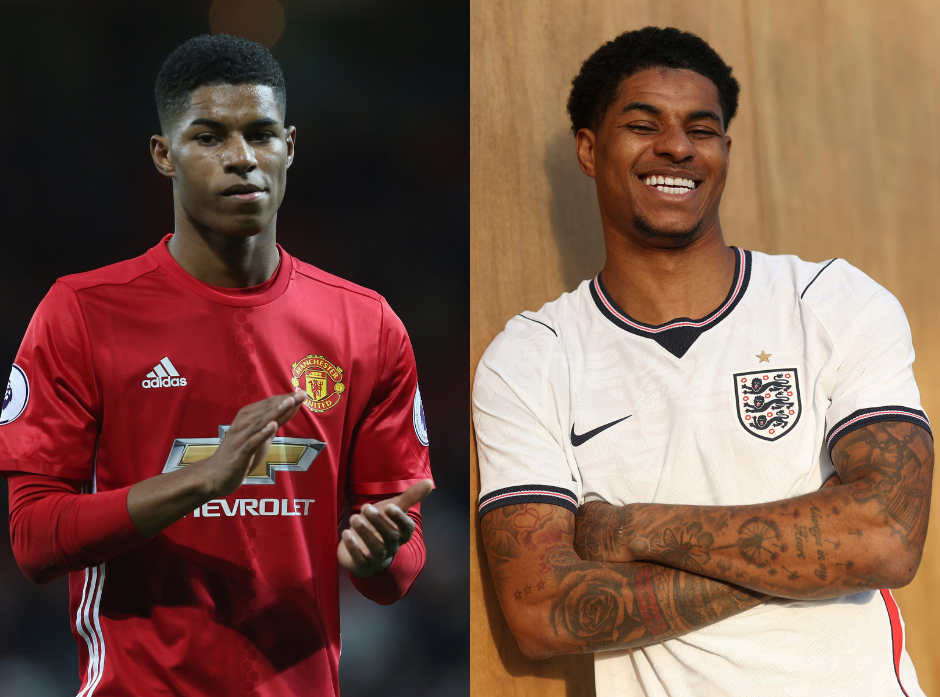 Split image of Marcus Rashford. On the left, in 2016, on the right, in 2026.