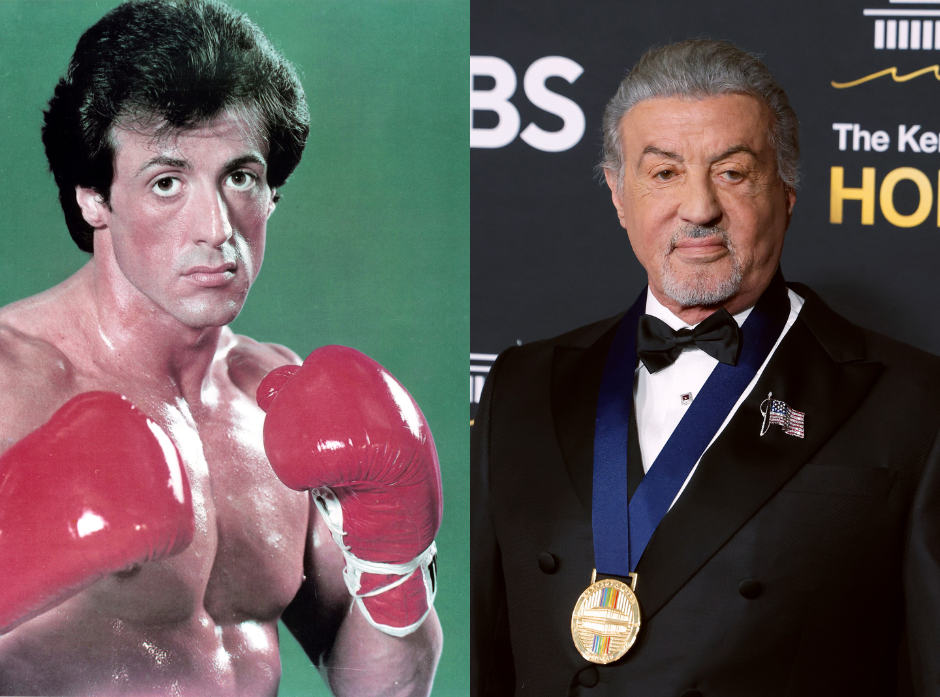 Split image of Sylvester Stallone, shown in a portrait for the film Rocky in 1976, and in 2025 at the Kennedy Center Honors.