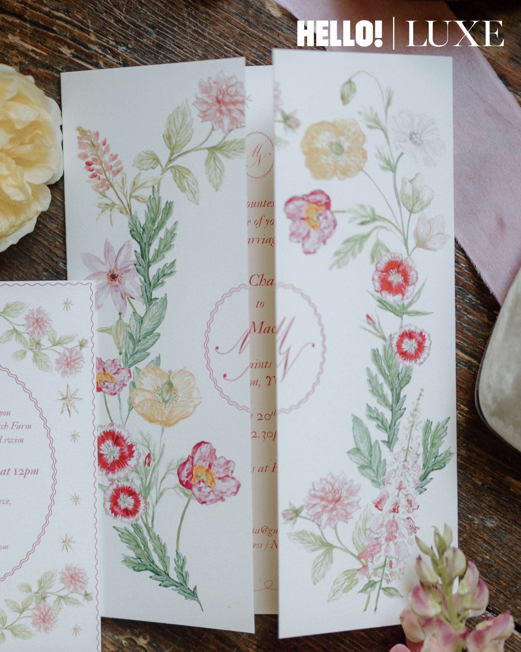 The custom, illustrated wedding stationery designed by the couple's long-time friend, artist Sasha Compton, featuring hand-drawn botanical designs