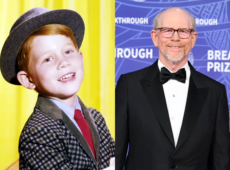 Split image of Ron Howard as a child star in 1960 wearing a check jacket, red tie and hat against a yellow background. On the right, Ron Howard in 2026 wearing a tux in front of a blue advertisement backdrop.