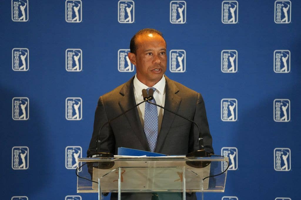 Tiger Woods speaks, before the announcement of a new competitive model to the PGA TOUR, prior to Travelers Championship at TPC River Highlands on June 23, 2026 in Cromwell, Connecticut.