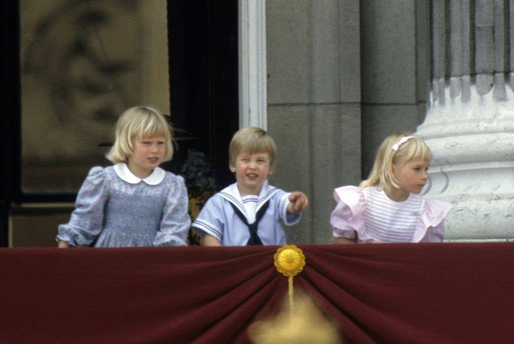 Peter's younger sister, Zara Tindall, stepped on the balcony of Buckingham Palace for Trooping the Colour in 1985 with cousin Prince William and  Lady Davina Windsor.