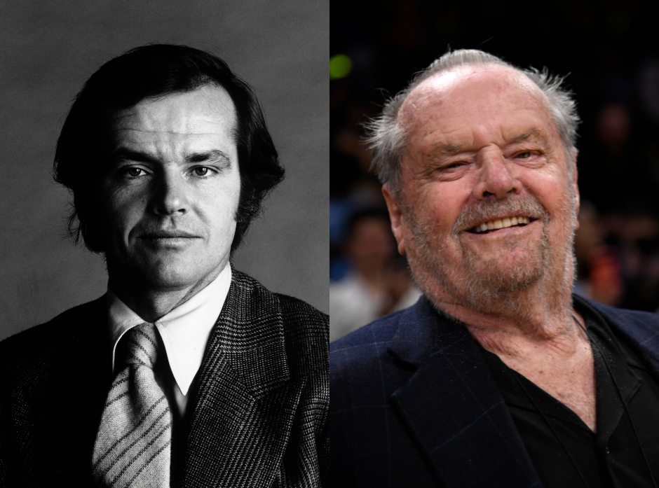 Split image of Jack Nicholson. On the left, a black and white headshot of the actor from 1970. On the right, at a basketball game in 2023. 