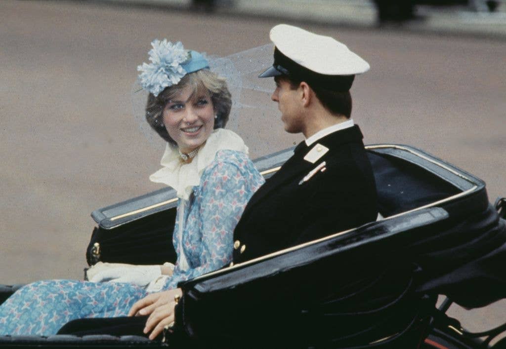 The month before her wedding to Queen Elizabeth's eldest son, Charles, Diana attended Trooping the Colour 1981, riding in a carriage with her future brother-in-law Andrew Mountbatten-Windsor.