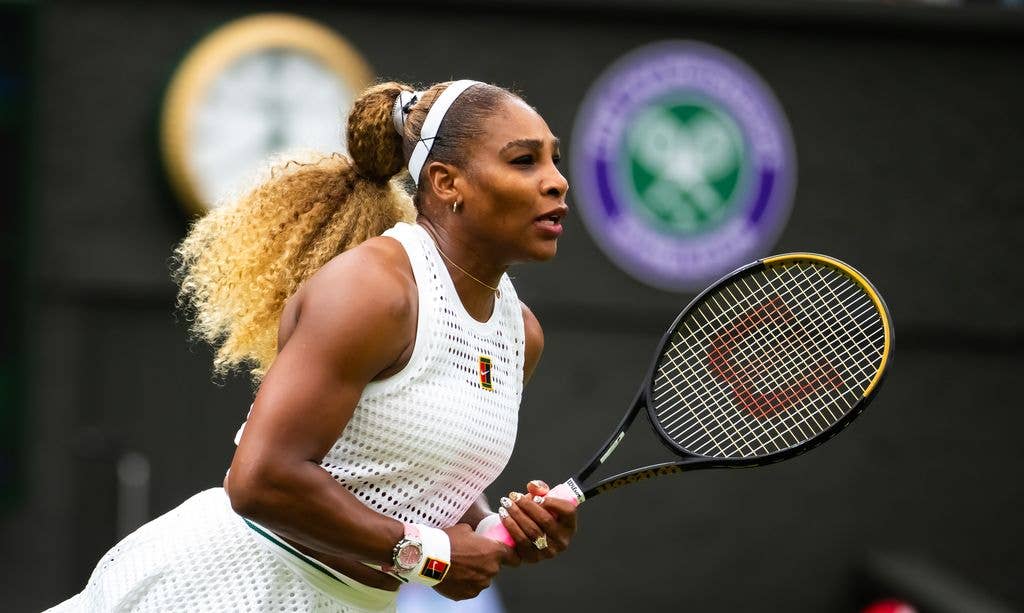 Serena Williams of the United States in action against Maja Joint of Australia in the first round on Day Two of The Championships Wimbledon 2026 at All England Lawn Tennis and Croquet Club on June 30, 2026 in London, England