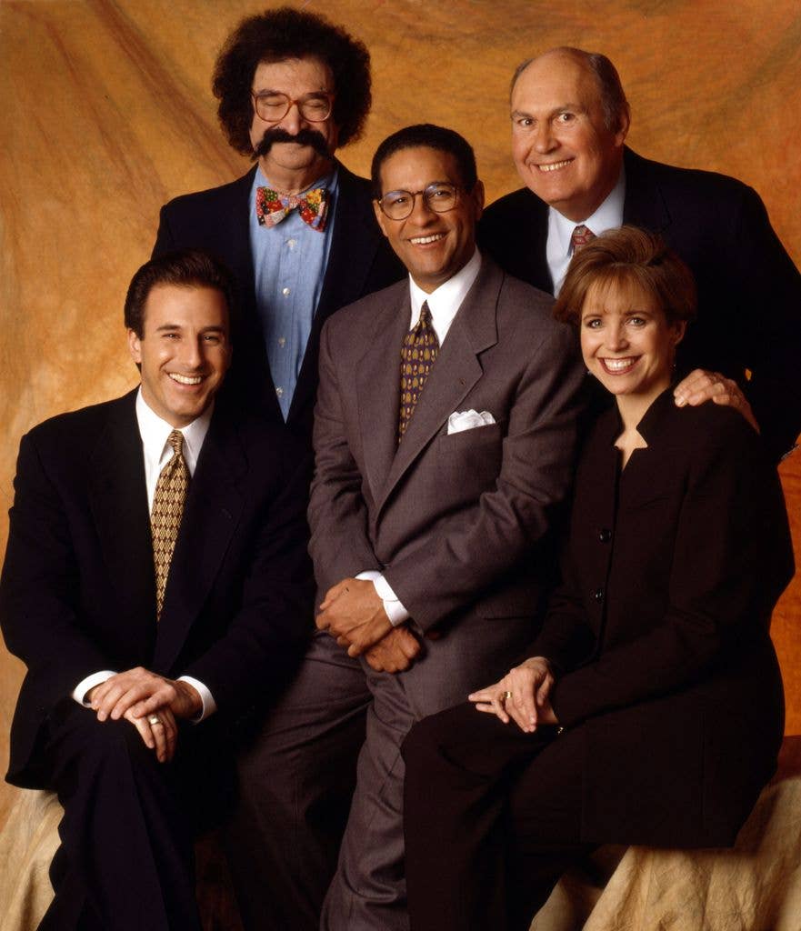Portrait of the cast of NBC's Today show, New York, 1999. Pictured are, from left, Matt Lauer, Gene Shalit, Bryant Gumbel, Willard Scott, and Katie Couric.